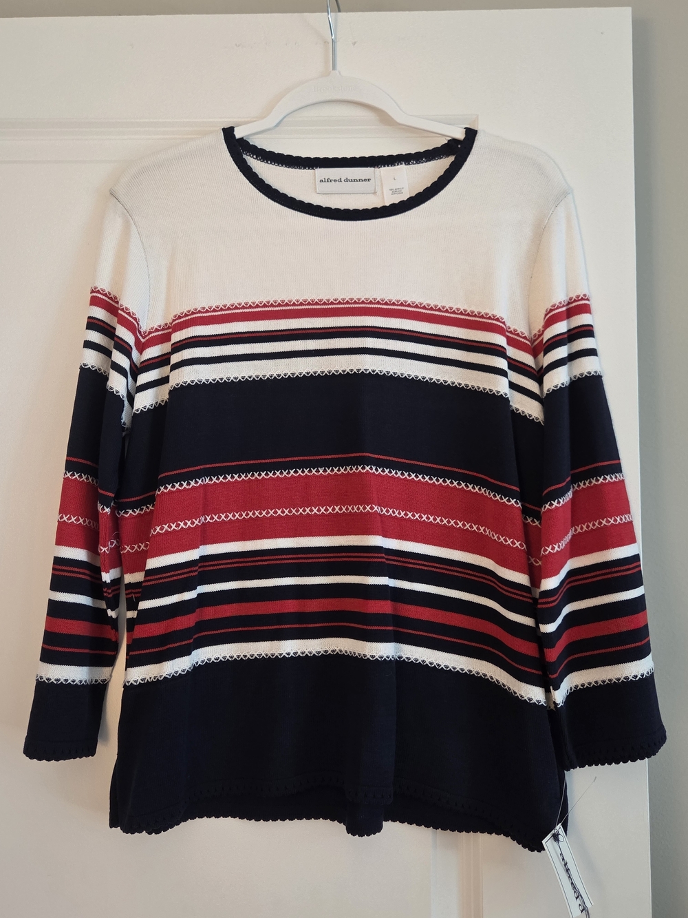 Alfred Dunner Navy, Red & White Striped Crewneck Sweater